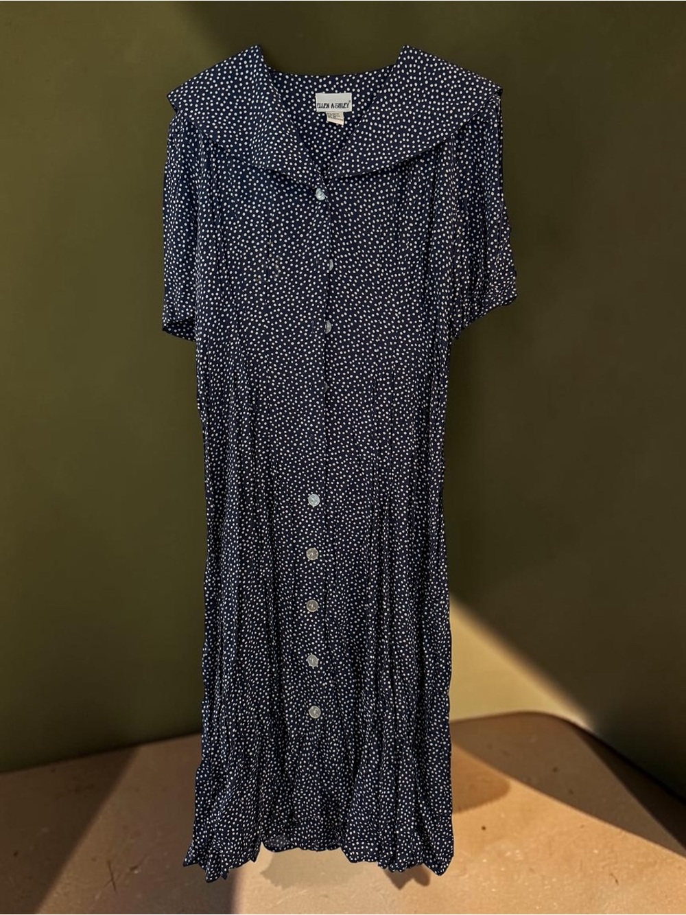 Vintage Ellen Ashley Navy White Polka Dot Button Front Midi Dress Size 16 Sailor